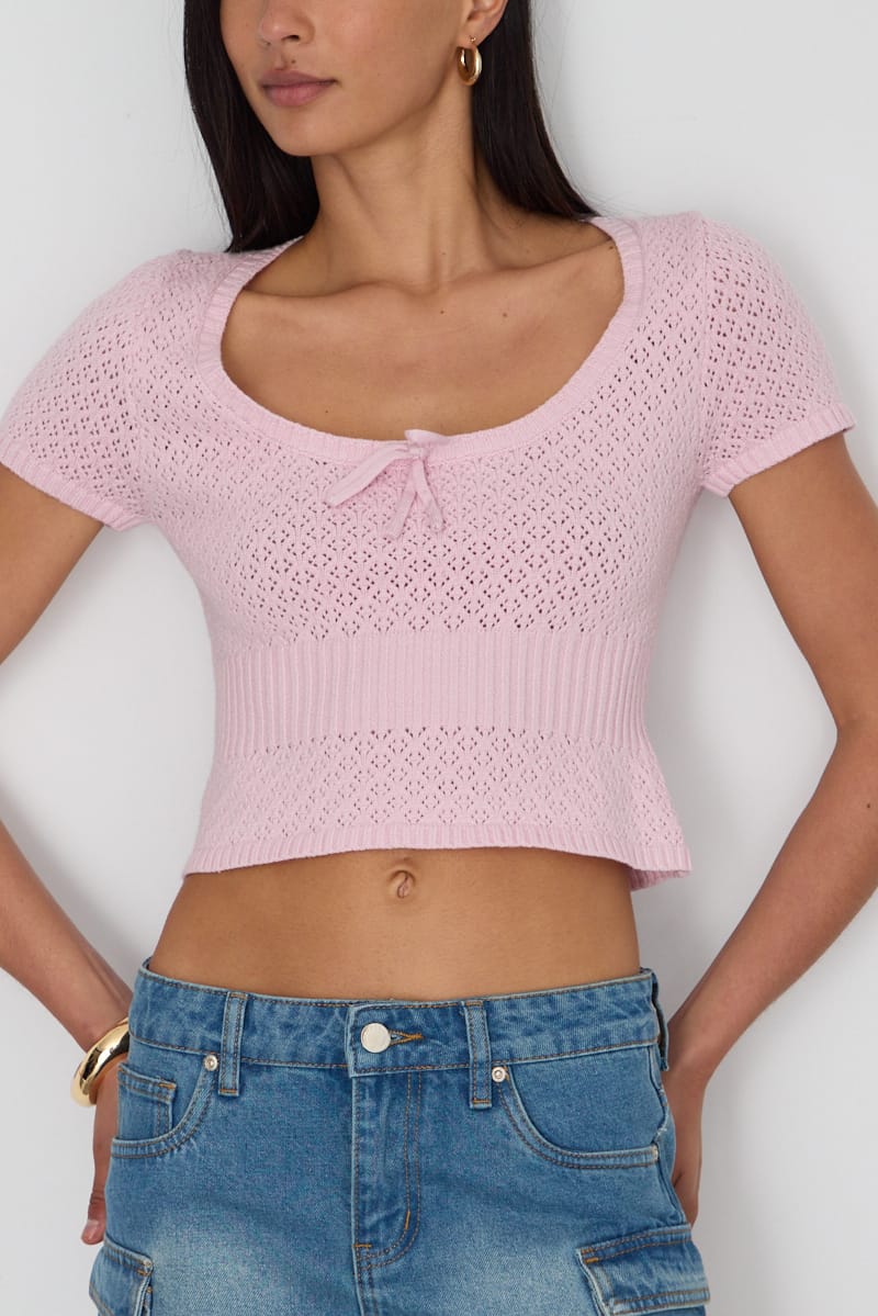 Pink Pointelle Knit Top Short Sleeve for Ally Fashion