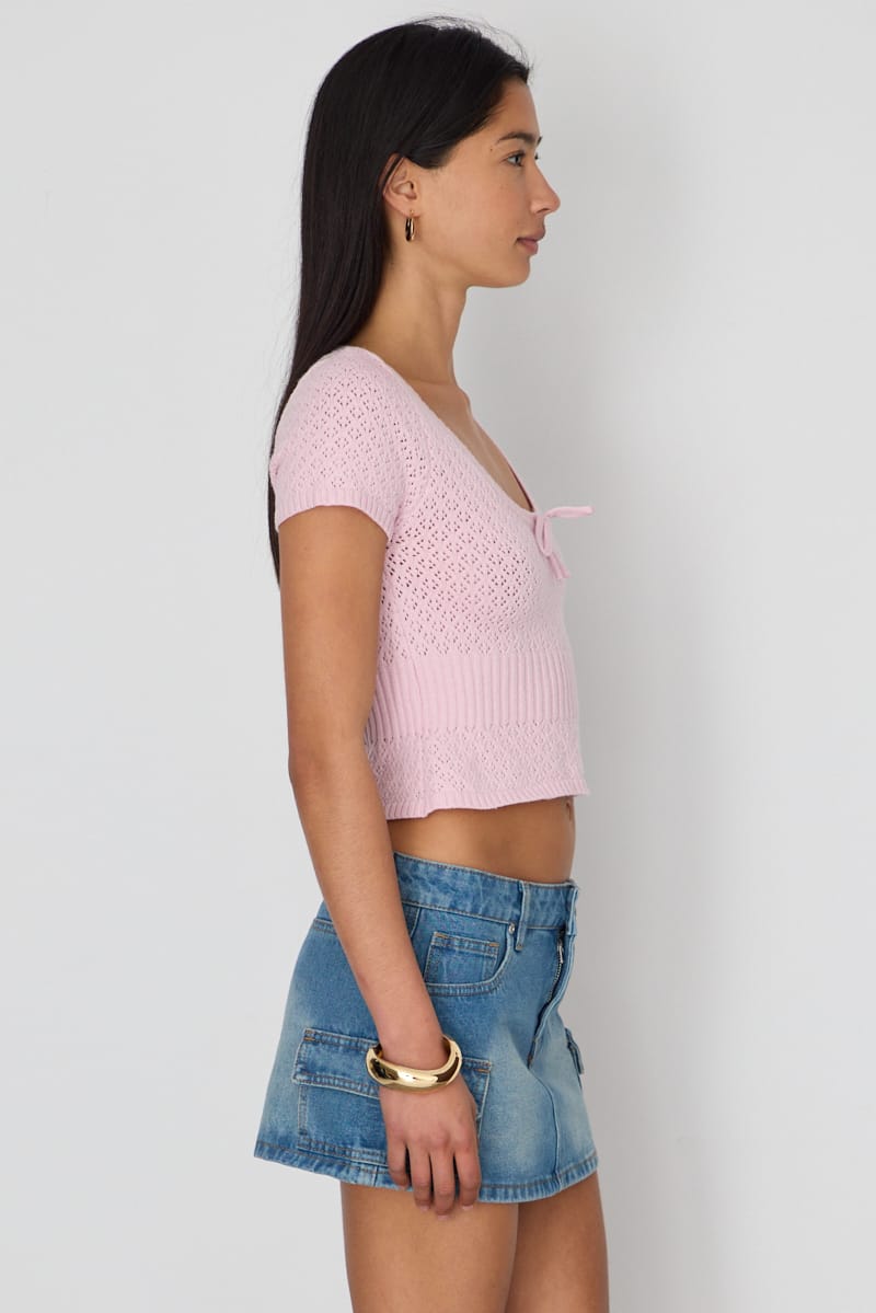 Pink Pointelle Knit Top Short Sleeve for Ally Fashion