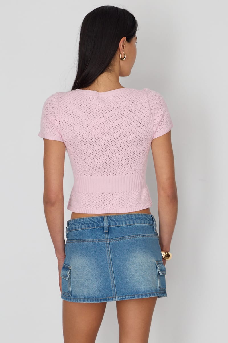 Pink Pointelle Knit Top Short Sleeve for Ally Fashion