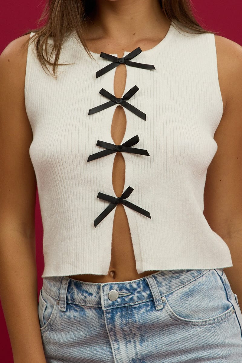 White Knit Top Sleeveless Front Ribbon | Ally Fashion