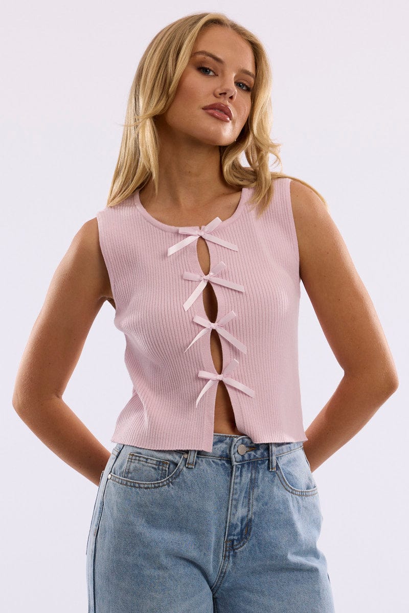 Pink Knit Top Sleeveless Front Ribbon | Ally Fashion