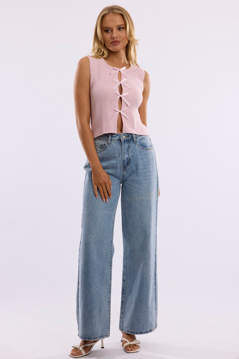 Pink Knit Top Sleeveless Front Ribbon | Ally Fashion