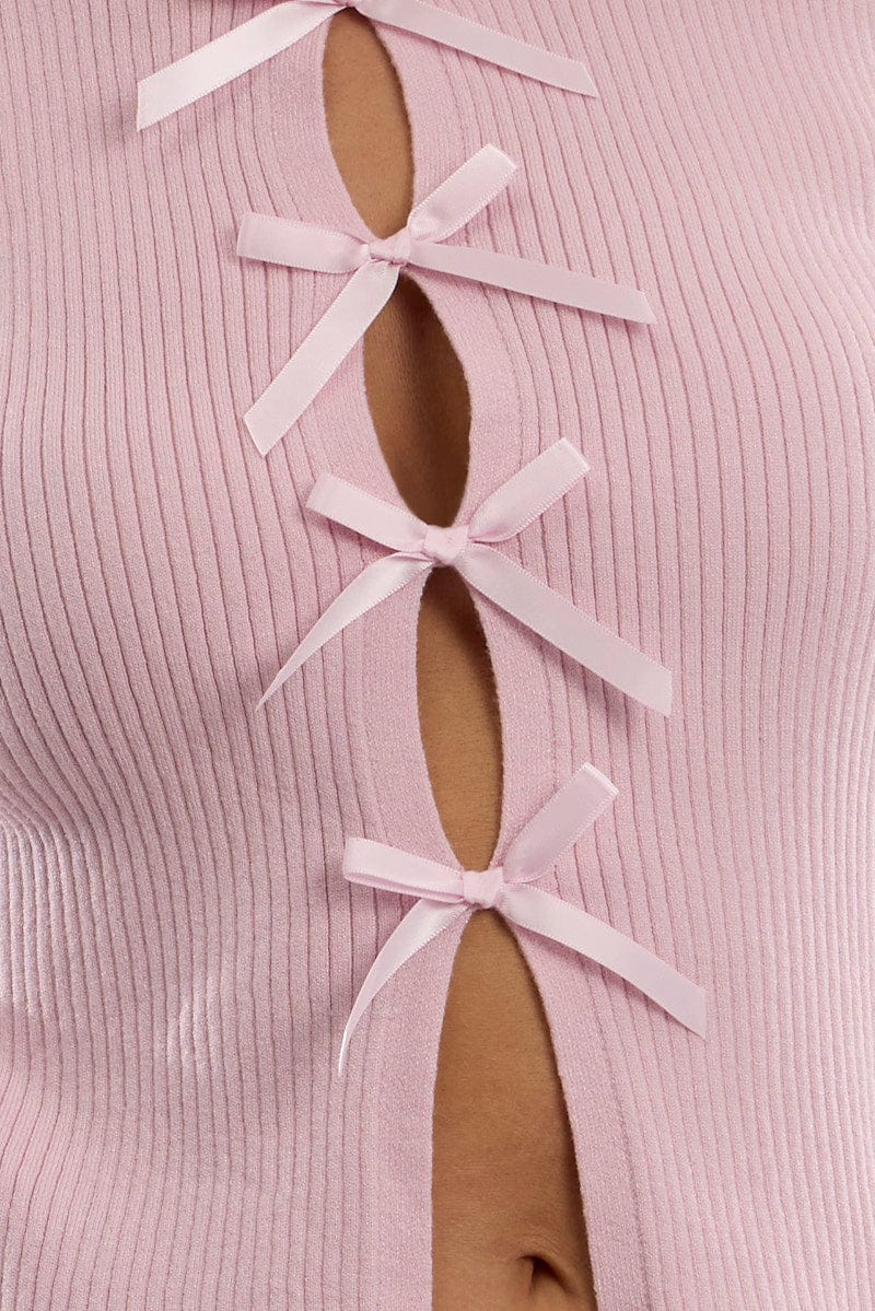 Pink Knit Top Sleeveless Front Ribbon | Ally Fashion