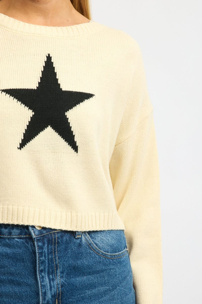 White Star Knit Jumper Long Sleeve Ally Fashion