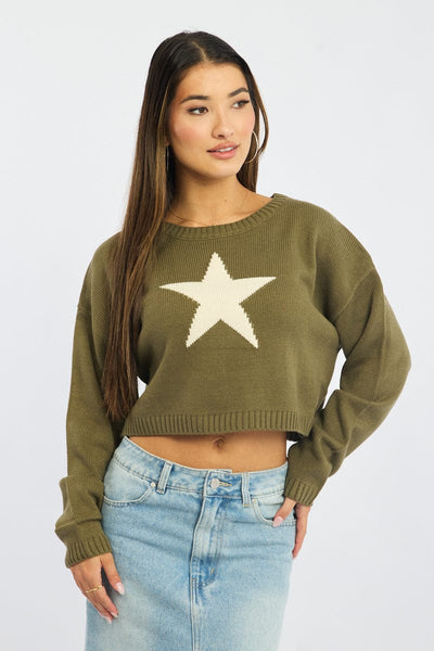 Green Star Knit Jumper Long Sleeve | Ally Fashion