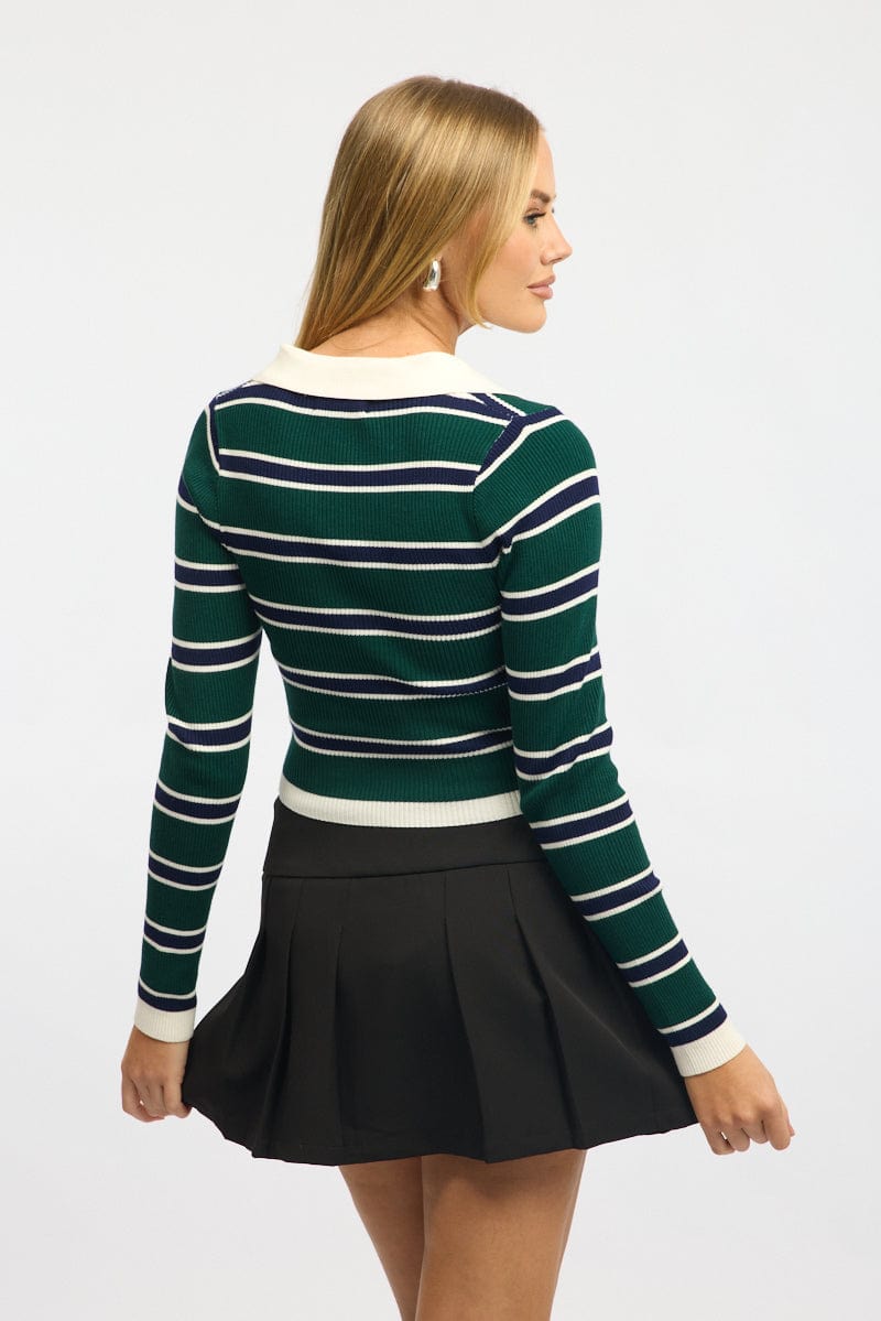 Green Stripe Knit Top Long Sleeve Collared for Ally Fashion