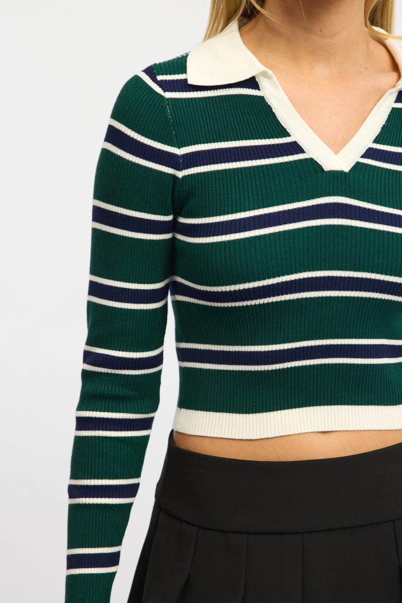 Green Stripe Knit Top Long Sleeve Collared for Ally Fashion