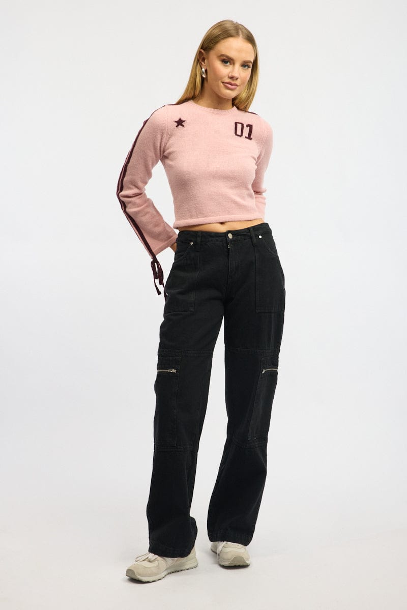 Pink Crop Knit Top Long Sleeve Varsity Contrast Trim for Ally Fashion