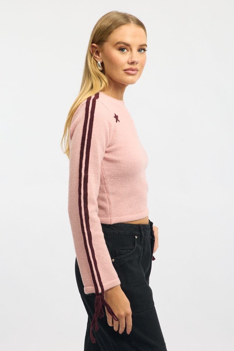 Pink Crop Knit Top Long Sleeve Varsity Contrast Trim for Ally Fashion