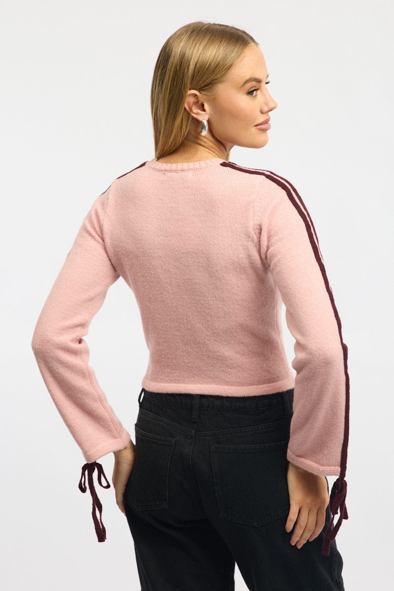Pink Crop Knit Top Long Sleeve Varsity Contrast Trim for Ally Fashion