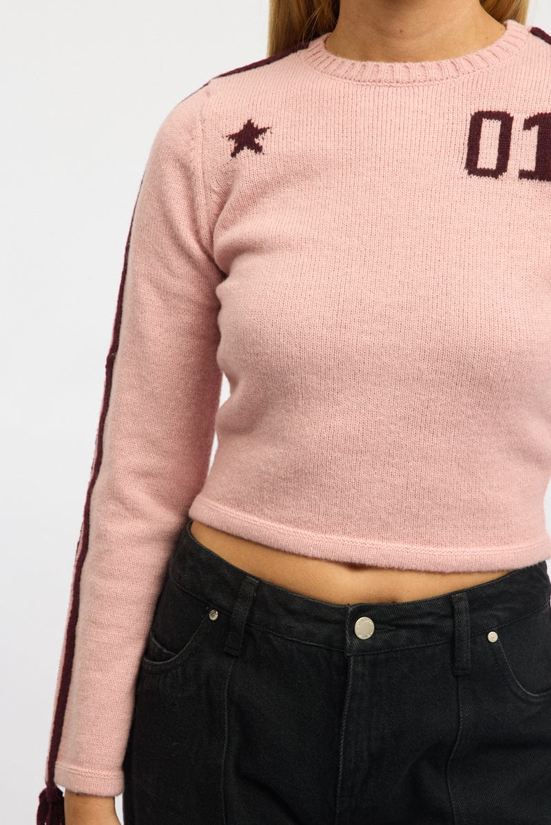 Pink Crop Knit Top Long Sleeve Varsity Contrast Trim for Ally Fashion