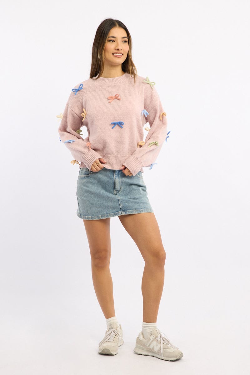 Pink Knit Top Long Sleeve Bow Trim for Ally Fashion
