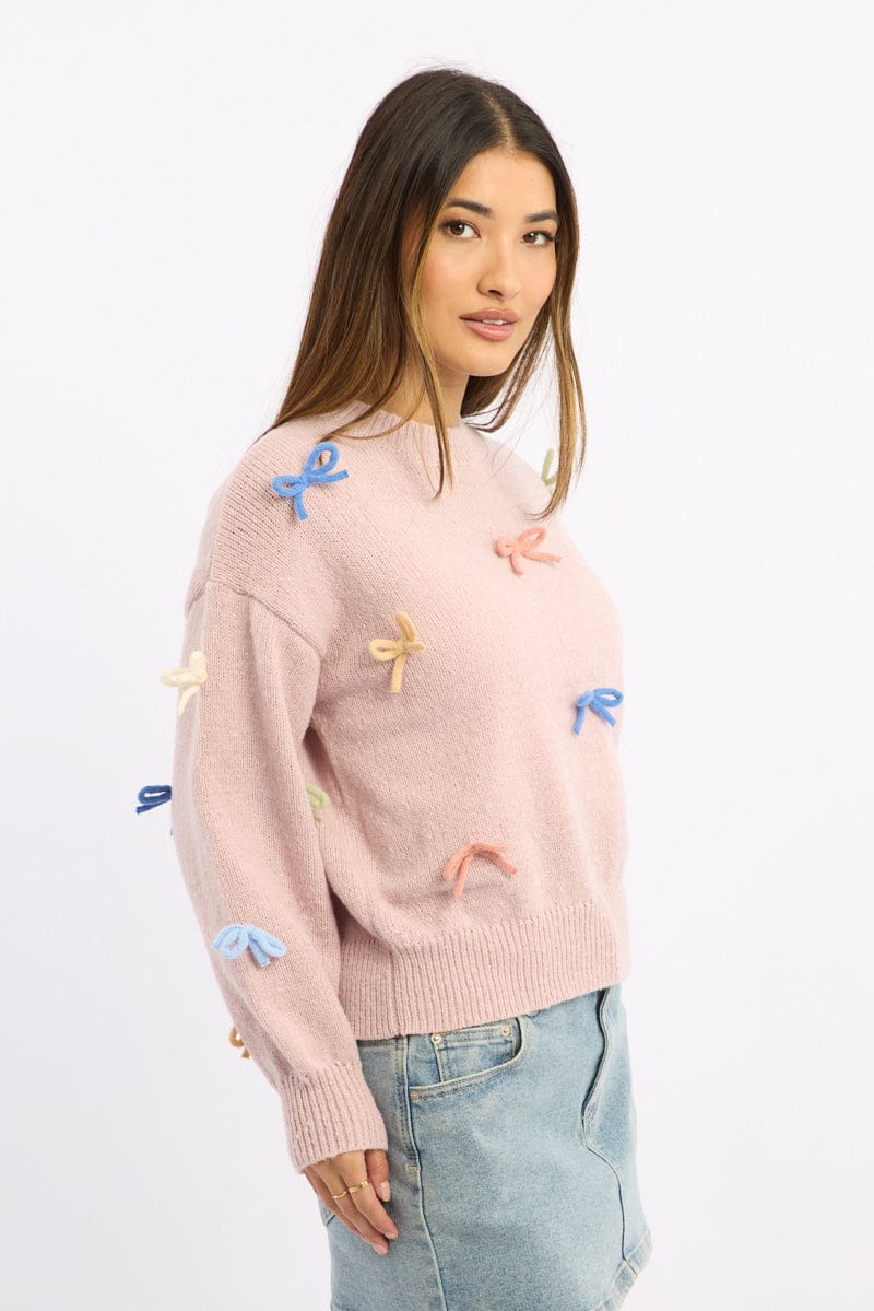 Pink Knit Top Long Sleeve Bow Trim for Ally Fashion