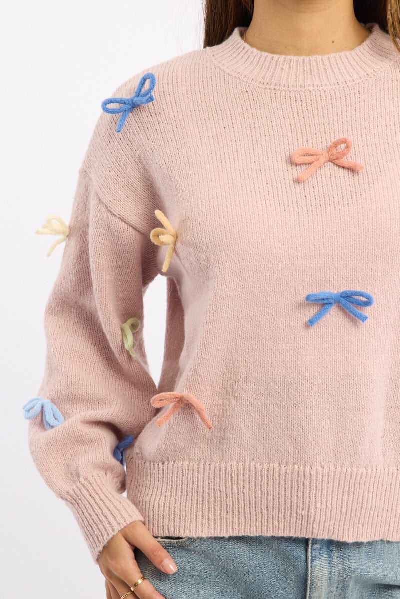 Pink Knit Top Long Sleeve Bow Trim for Ally Fashion