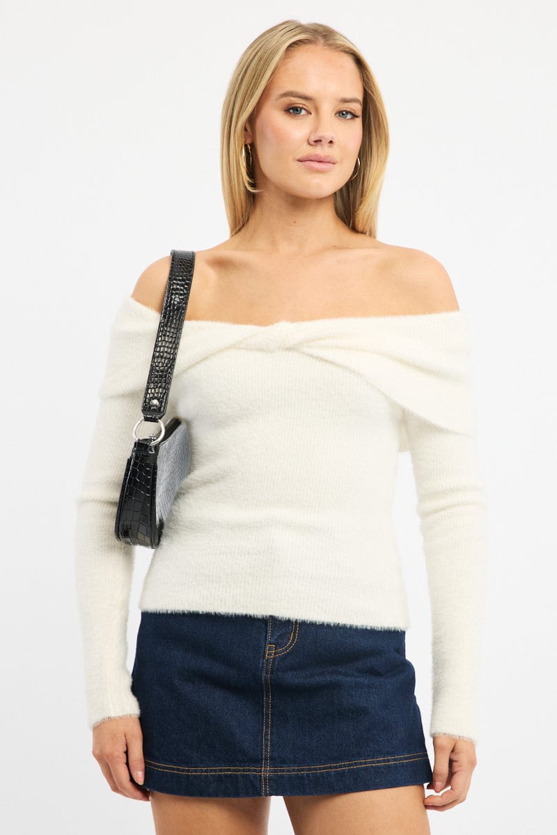 White Knit Off Shoulder Long Sleeve for Ally Fashion