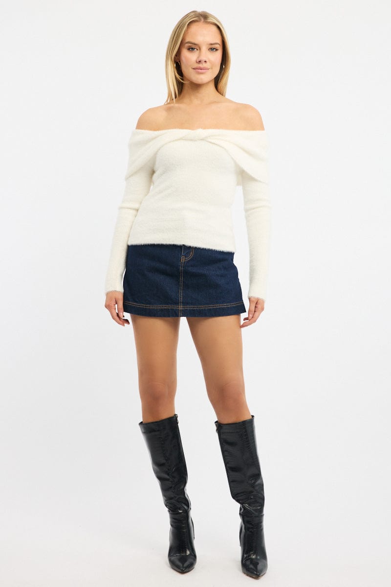 White Knit Off Shoulder Long Sleeve for Ally Fashion