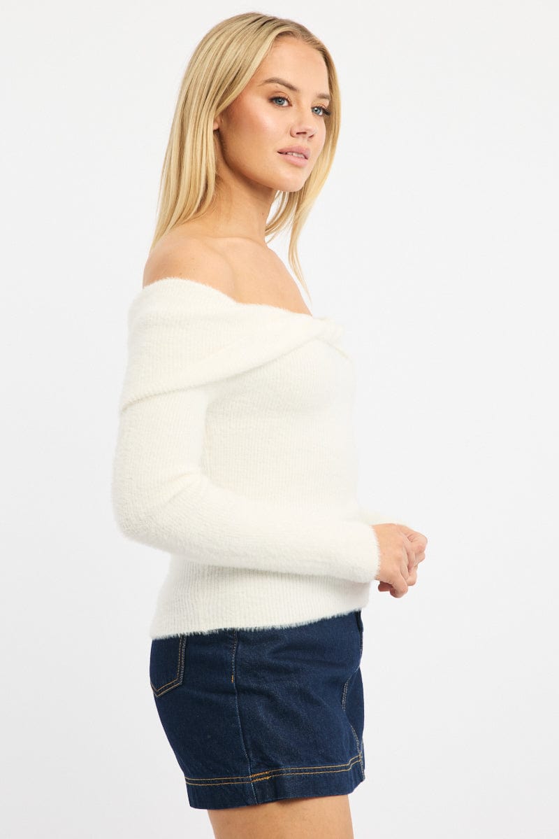 White Knit Off Shoulder Long Sleeve for Ally Fashion