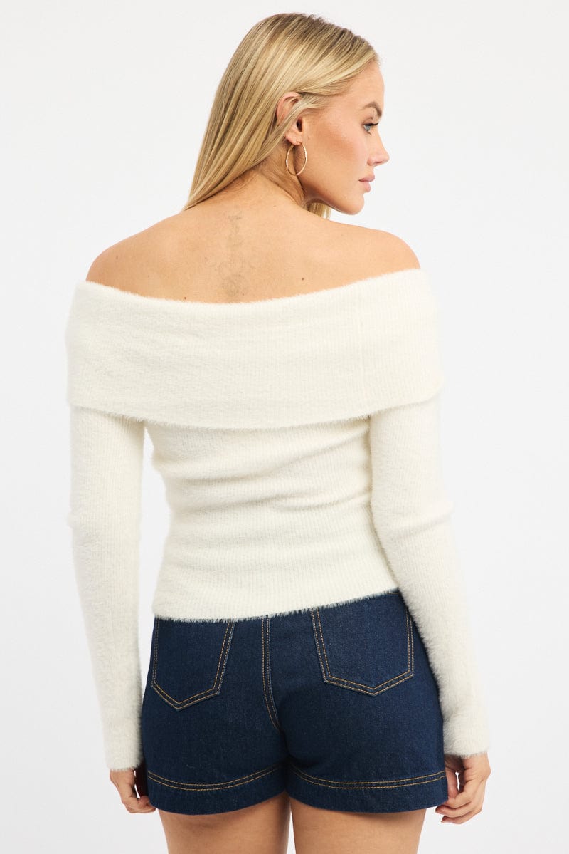 White Knit Off Shoulder Long Sleeve for Ally Fashion