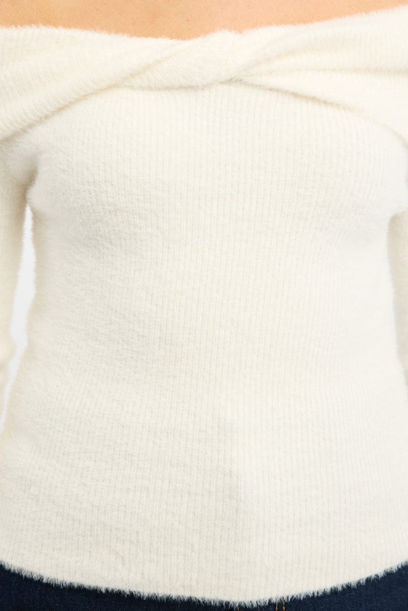 White Knit Off Shoulder Long Sleeve for Ally Fashion