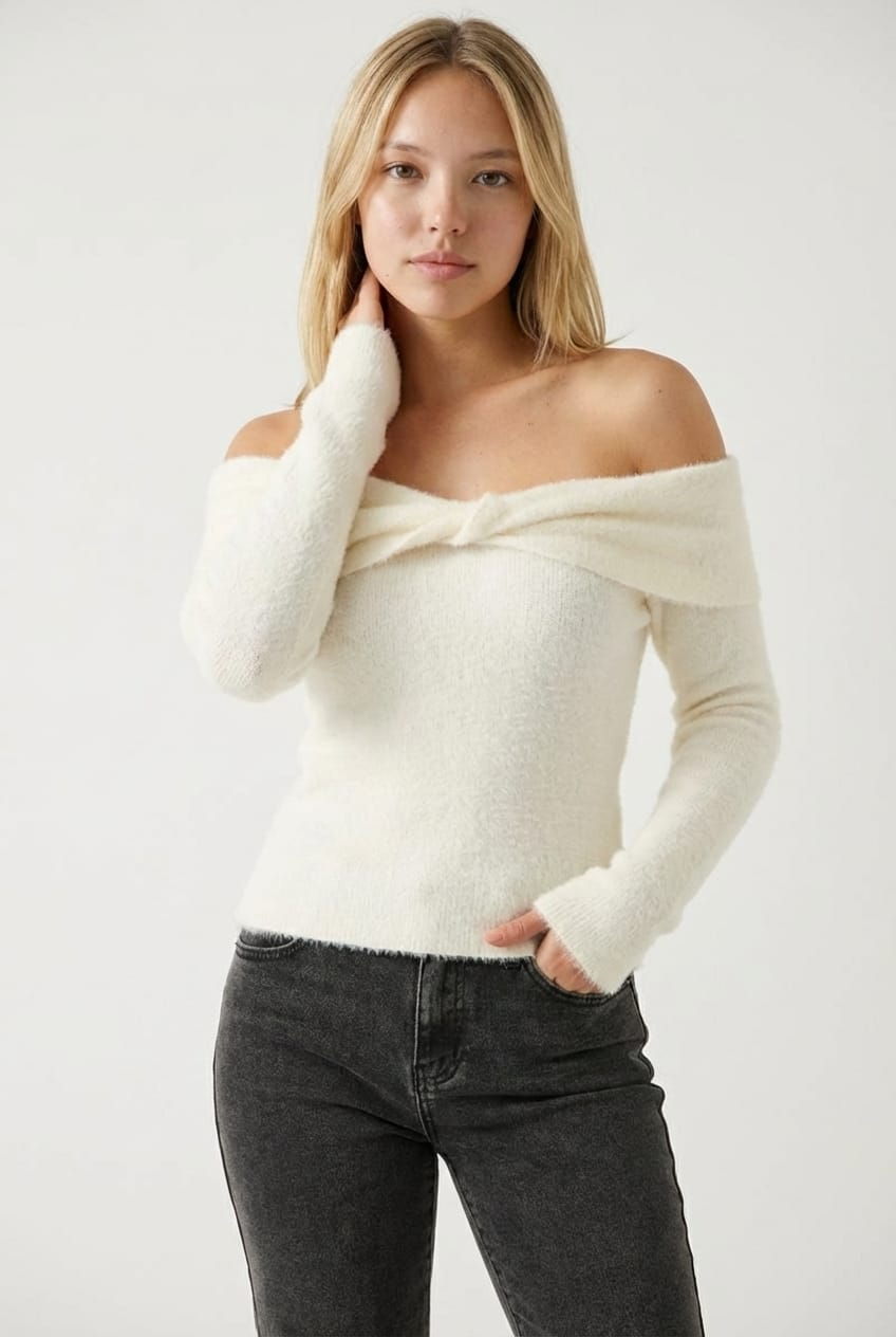 White Knit Off Shoulder Long Sleeve for Ally Fashion