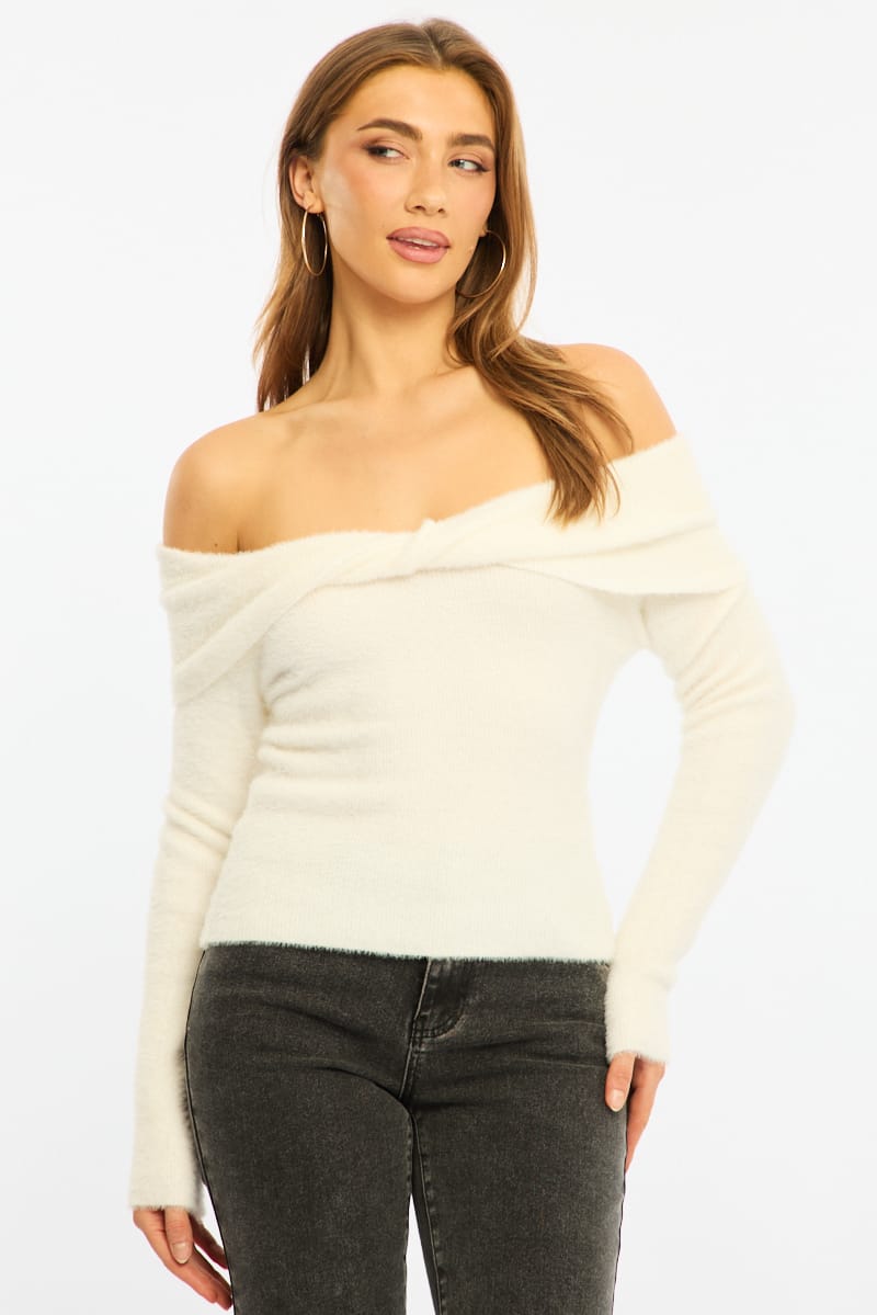 White Knit Off Shoulder Long Sleeve for Ally Fashion