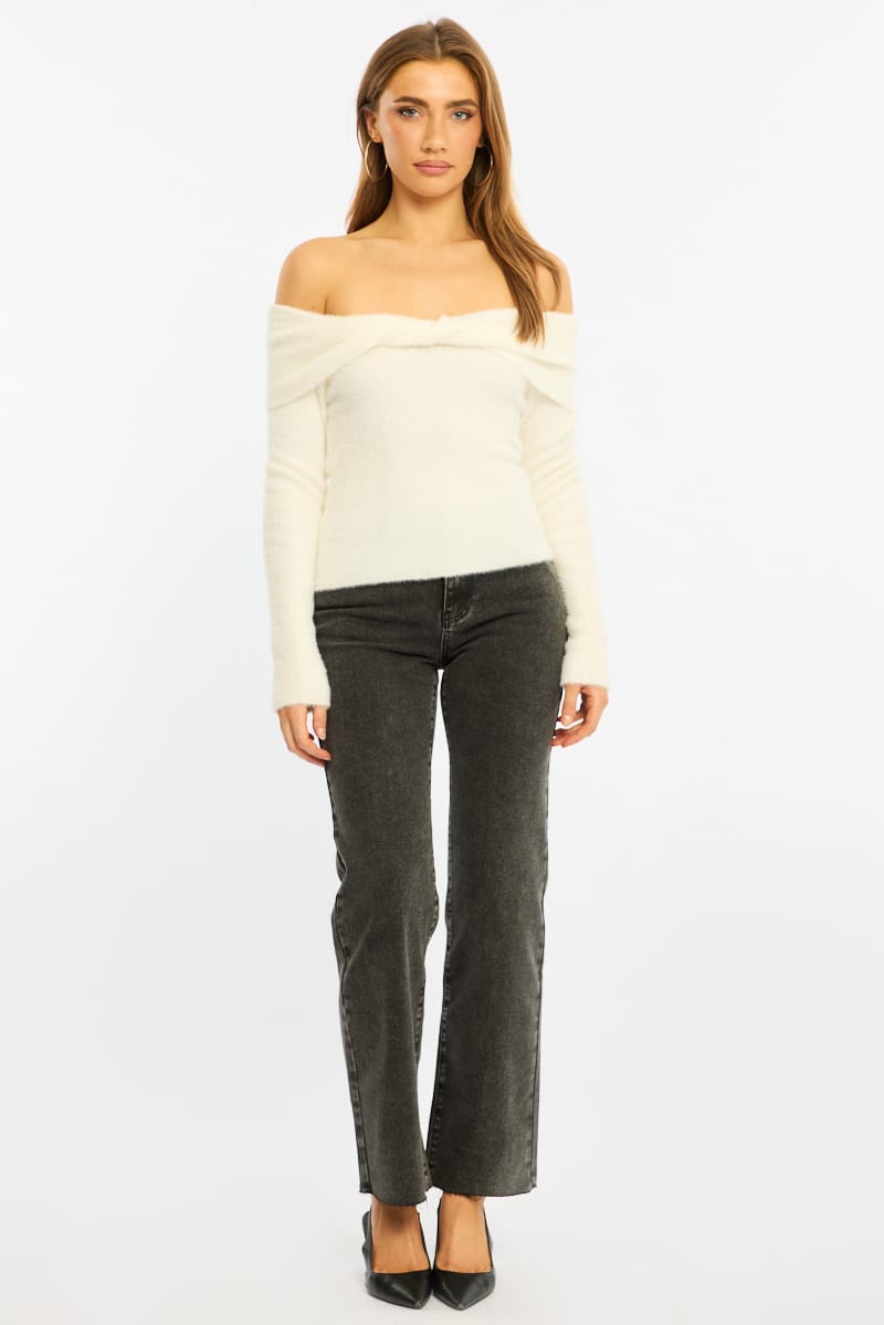 White Knit Off Shoulder Long Sleeve for Ally Fashion