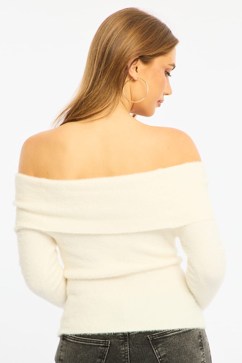 White Knit Off Shoulder Long Sleeve for Ally Fashion
