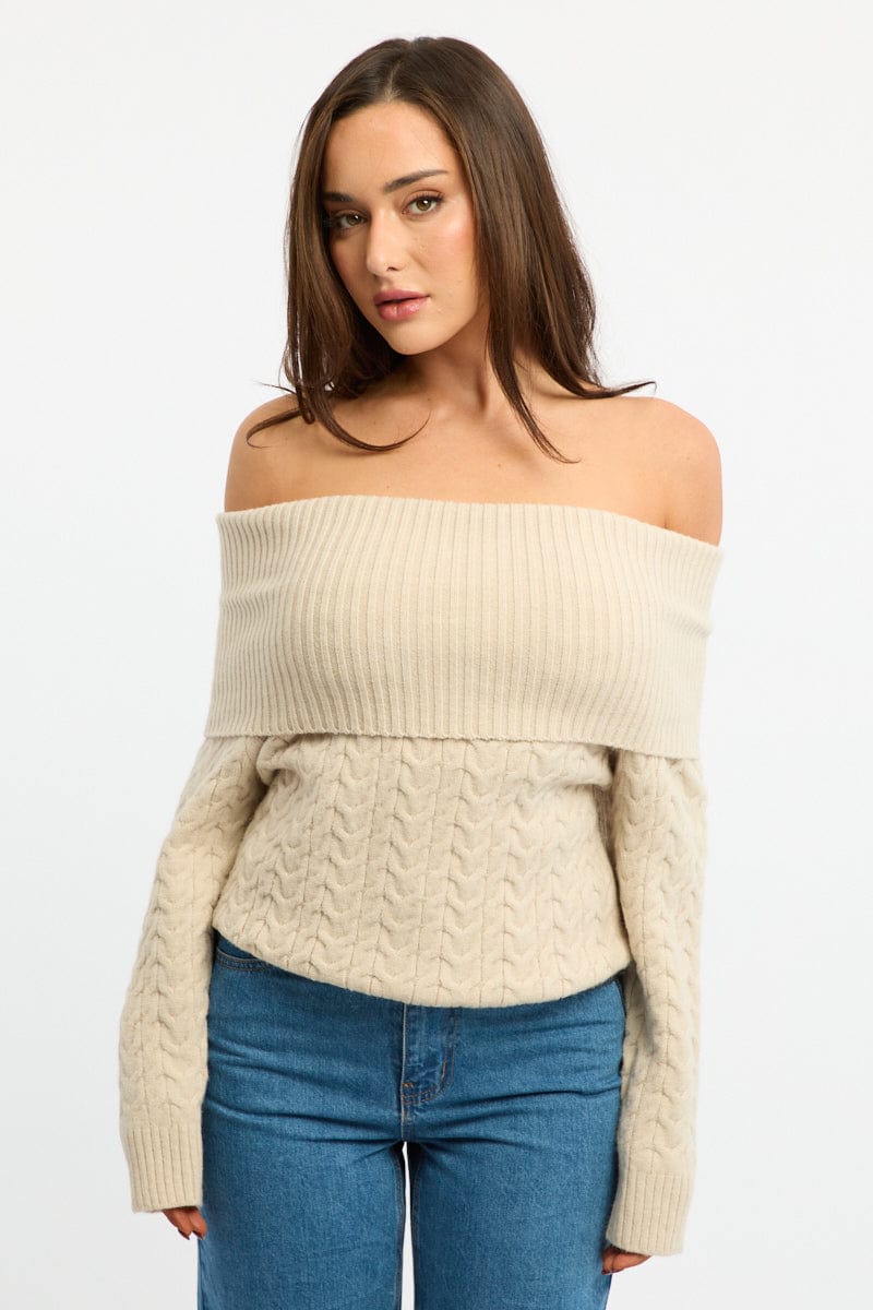 Beige Bardot Knit Top Long Sleeve Cable for Ally Fashion
