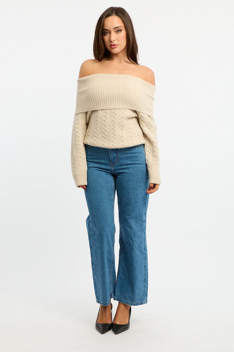 Beige Bardot Knit Top Long Sleeve Cable for Ally Fashion