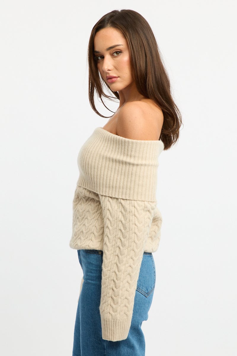 Beige Bardot Knit Top Long Sleeve Cable for Ally Fashion