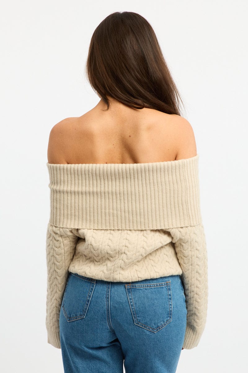 Beige Bardot Knit Top Long Sleeve Cable for Ally Fashion