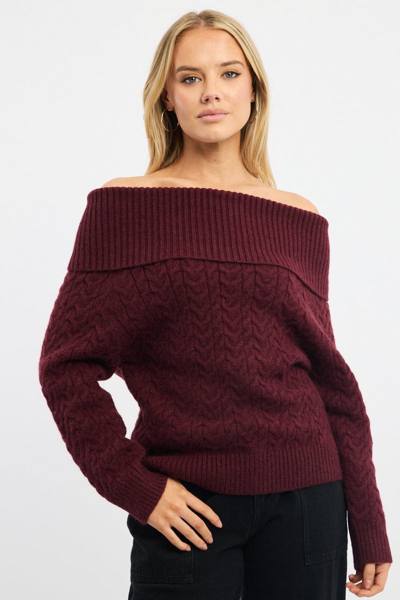 Red Bardot Knit Top Long Sleeve Cable for Ally Fashion