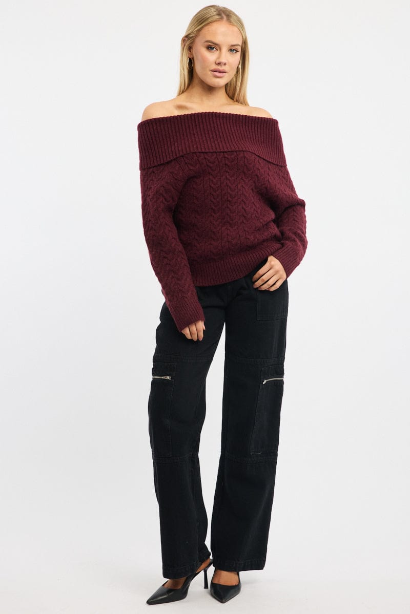 Red Bardot Knit Top Long Sleeve Cable for Ally Fashion