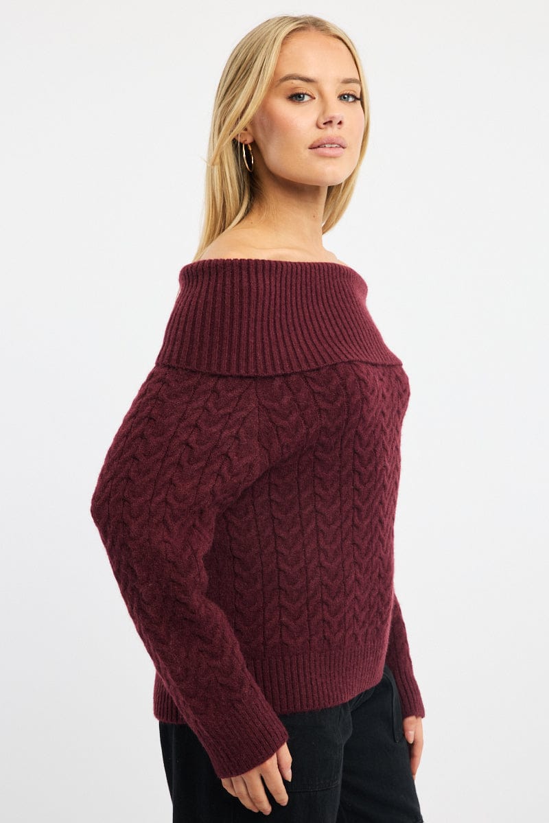 Red Bardot Knit Top Long Sleeve Cable for Ally Fashion