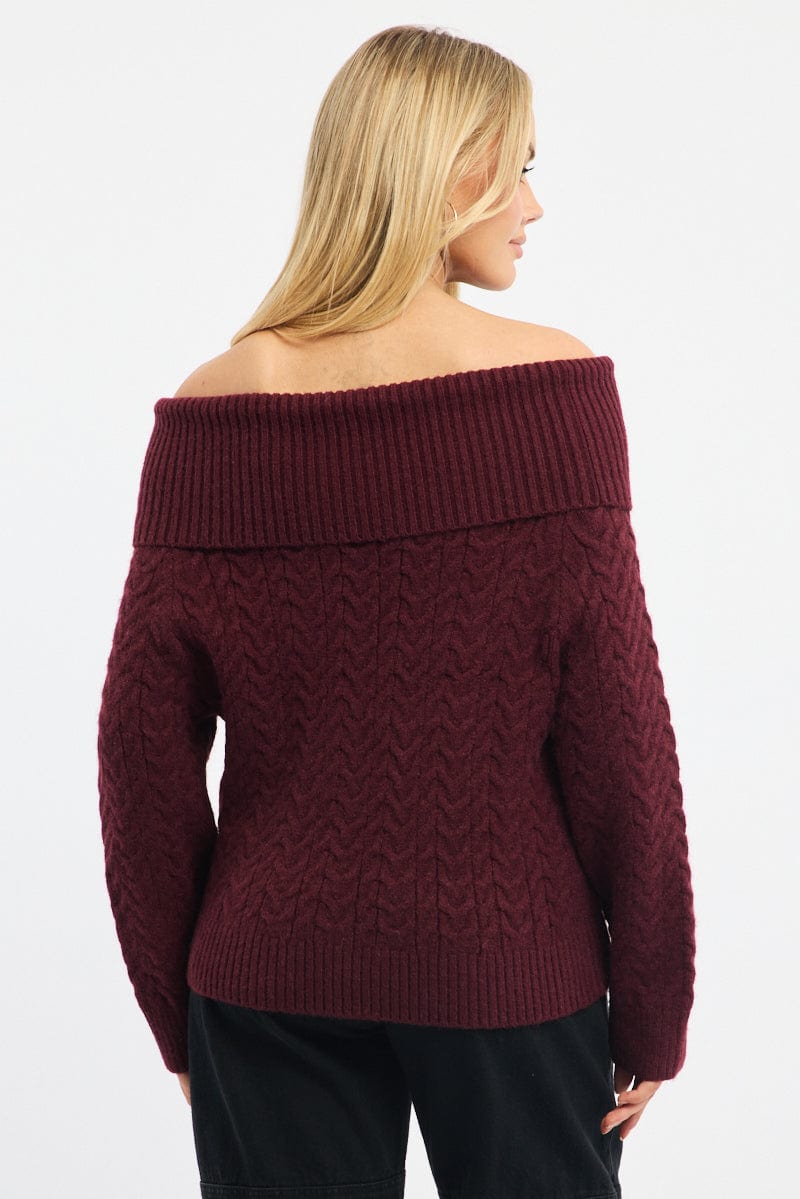 Red Bardot Knit Top Long Sleeve Cable for Ally Fashion