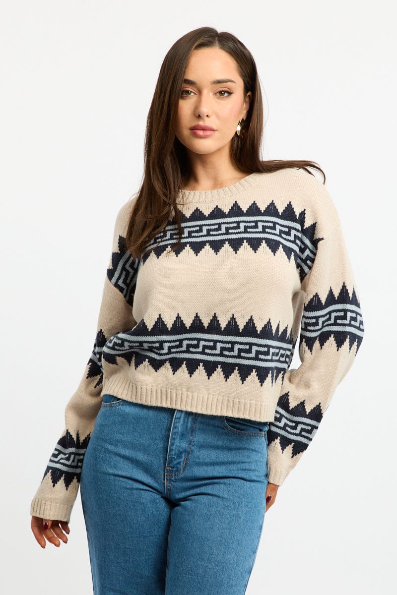 Beige Aztec Jumper Long Sleeve Crew Neck for Ally Fashion
