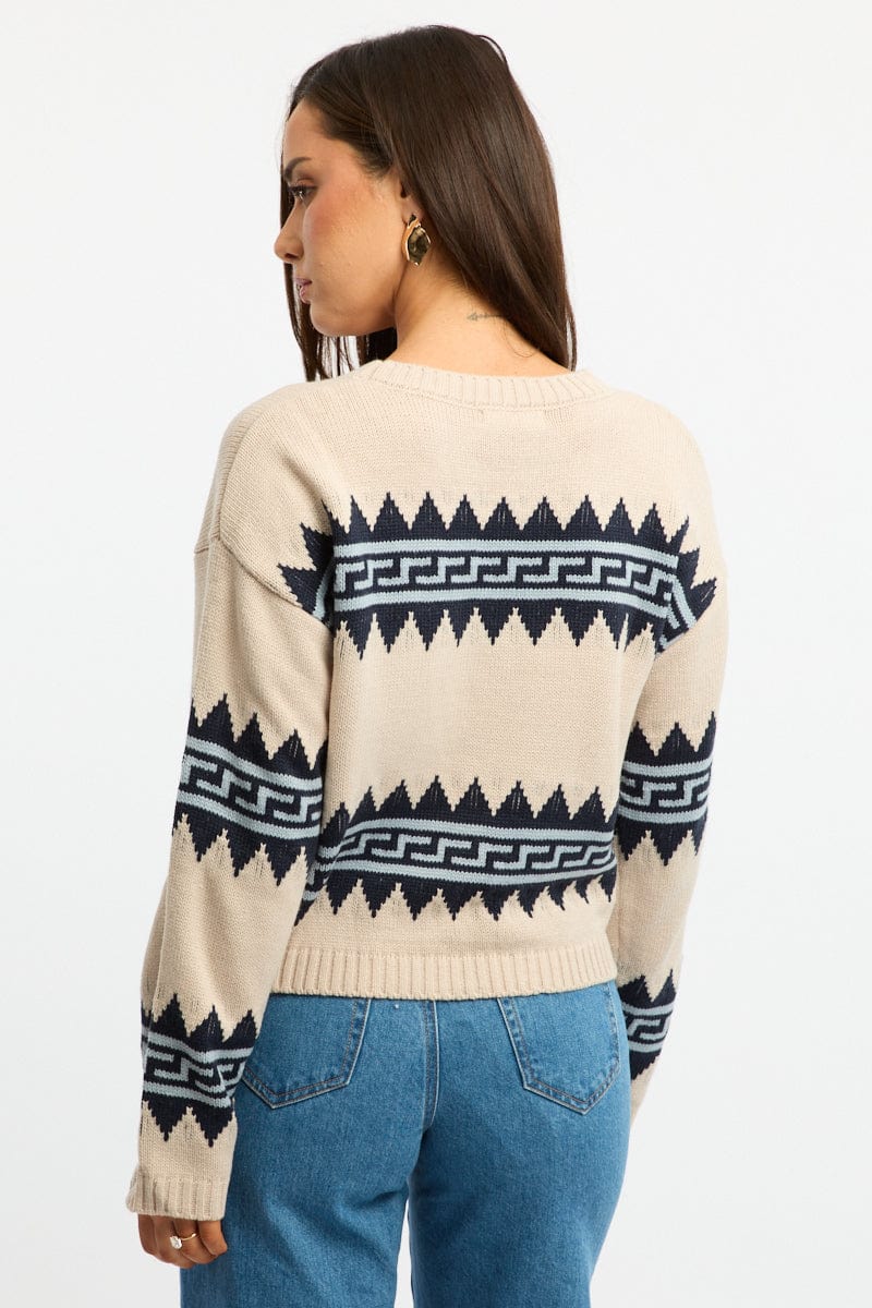 Beige Aztec Jumper Long Sleeve Crew Neck for Ally Fashion