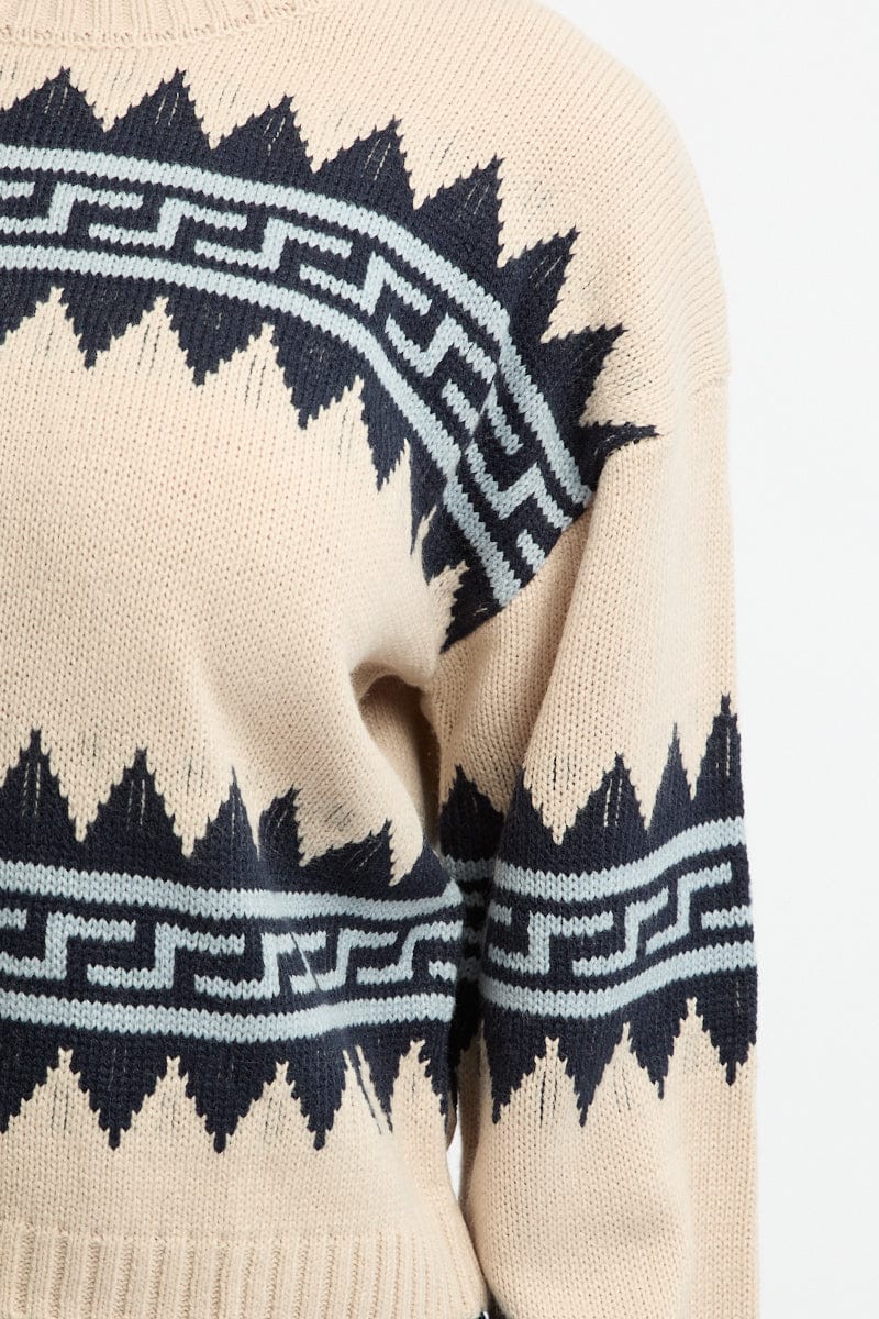 Beige Aztec Jumper Long Sleeve Crew Neck for Ally Fashion