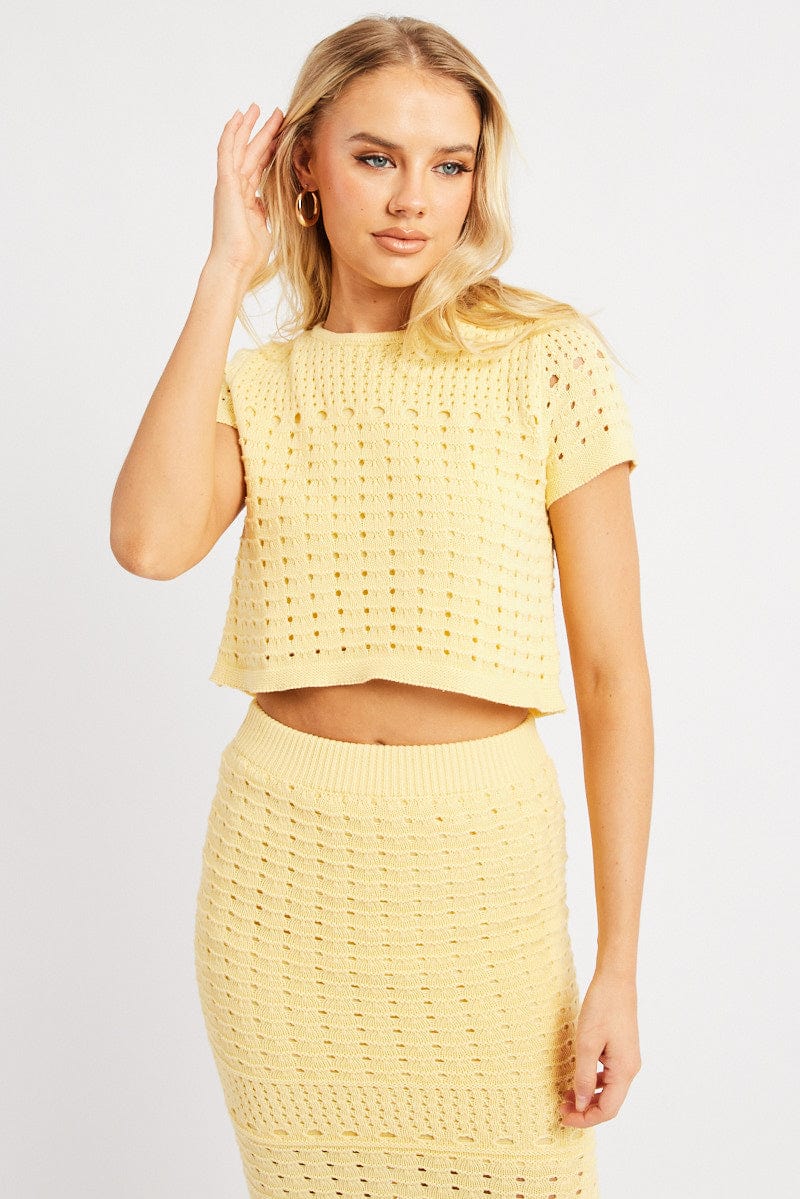 Yellow Knit Top Short Sleeve Crew Neck for Ally Fashion