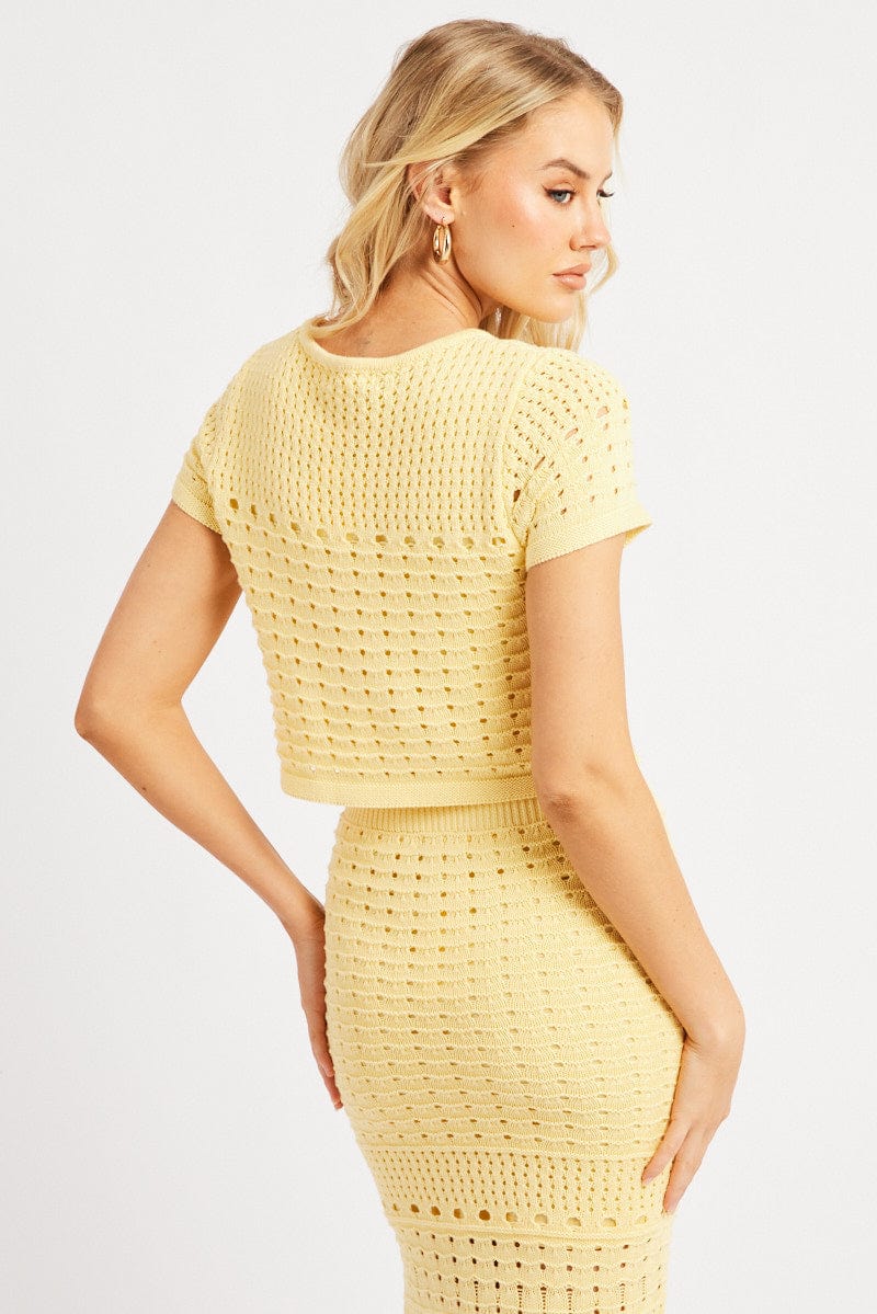 Yellow Knit Top Short Sleeve Crew Neck for Ally Fashion