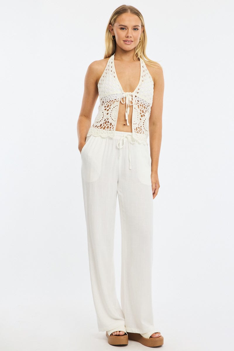 White Crochet Knit Top Halter Neck for Ally Fashion