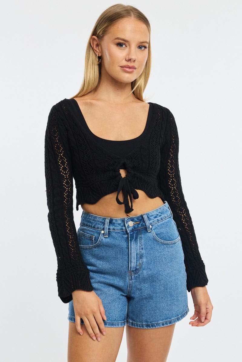 Black Crochet Top Long Sleeve for Ally Fashion