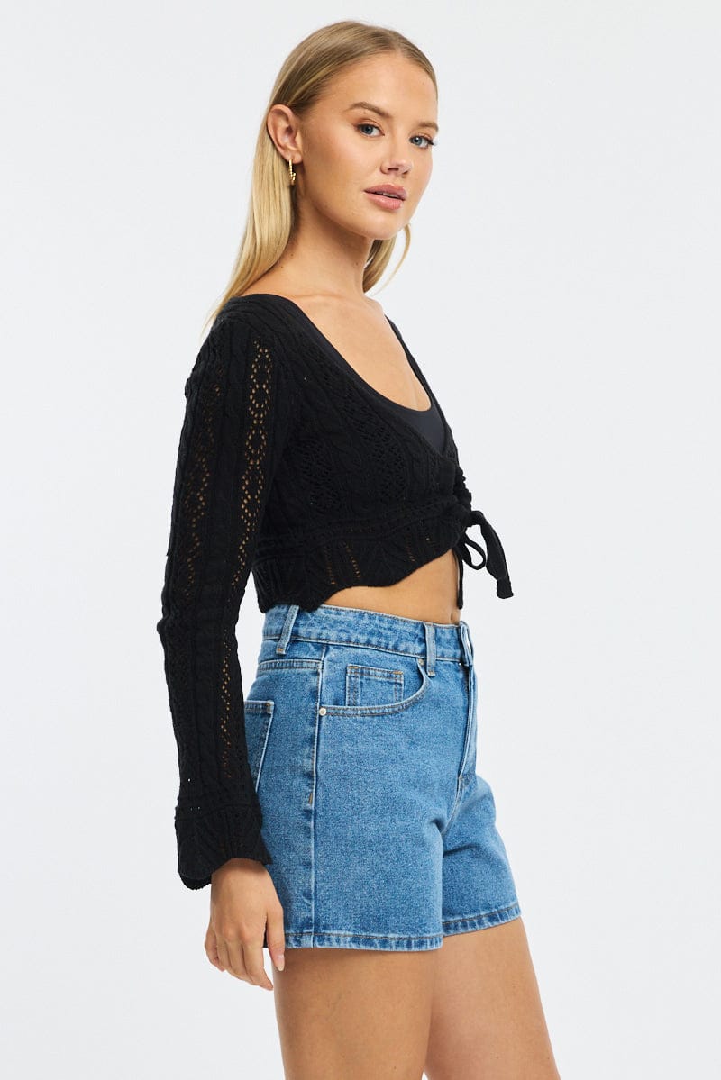 Black Crochet Top Long Sleeve for Ally Fashion