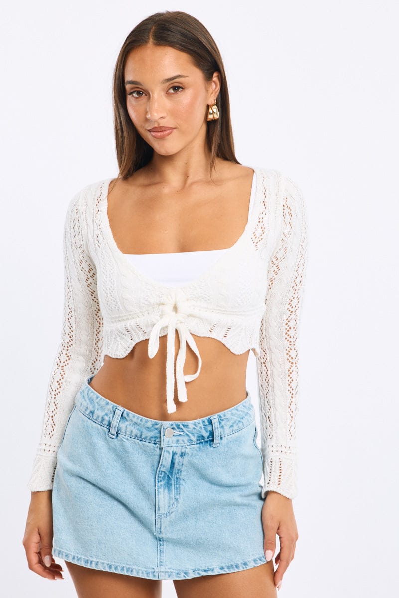 White Crochet Top Long Sleeve for Ally Fashion