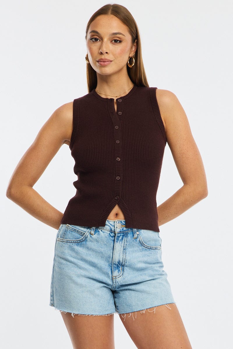 Brown Knit Vest Sleeveless for Ally Fashion