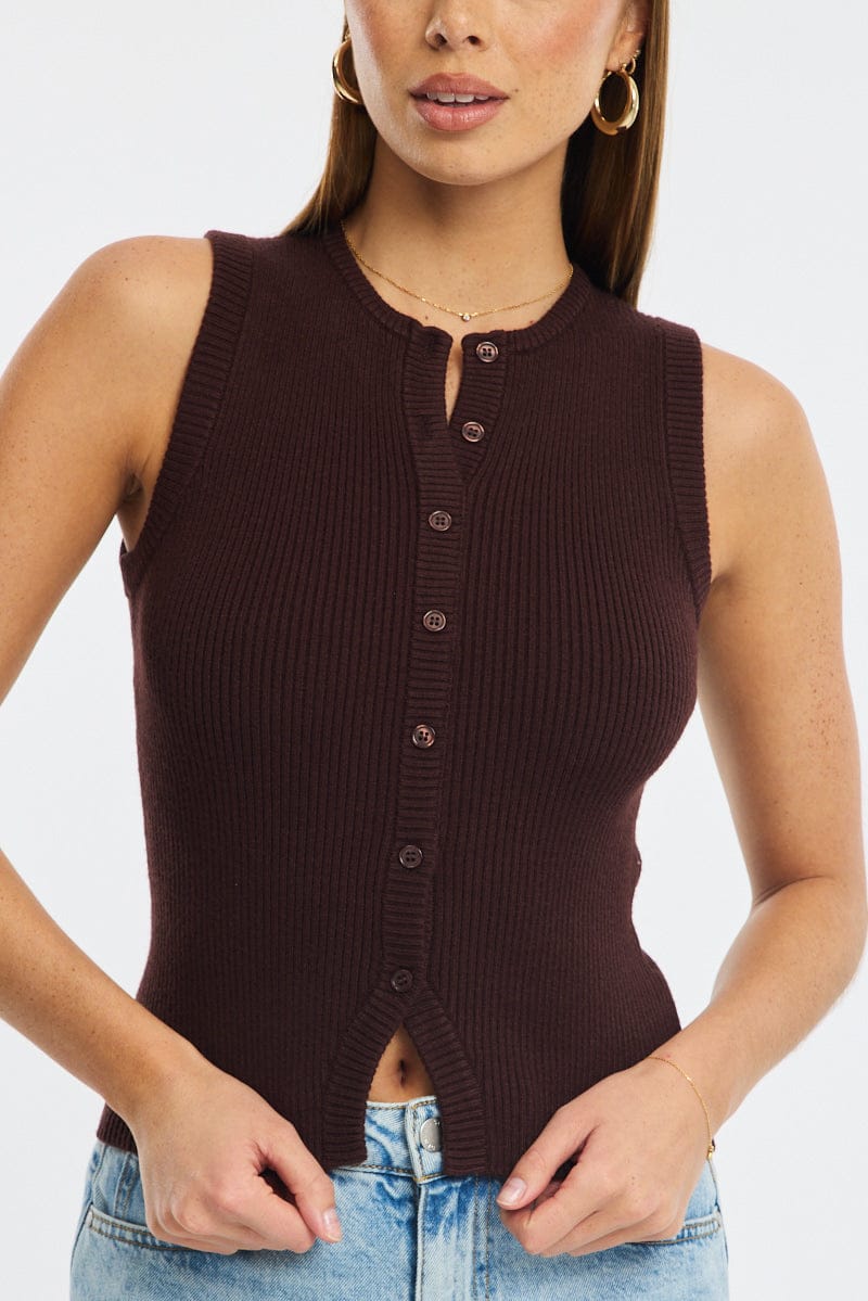 Brown Knit Vest Sleeveless for Ally Fashion