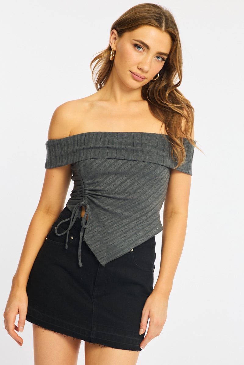 Grey Off Shoulder Knit Ruched Hem for Ally Fashion