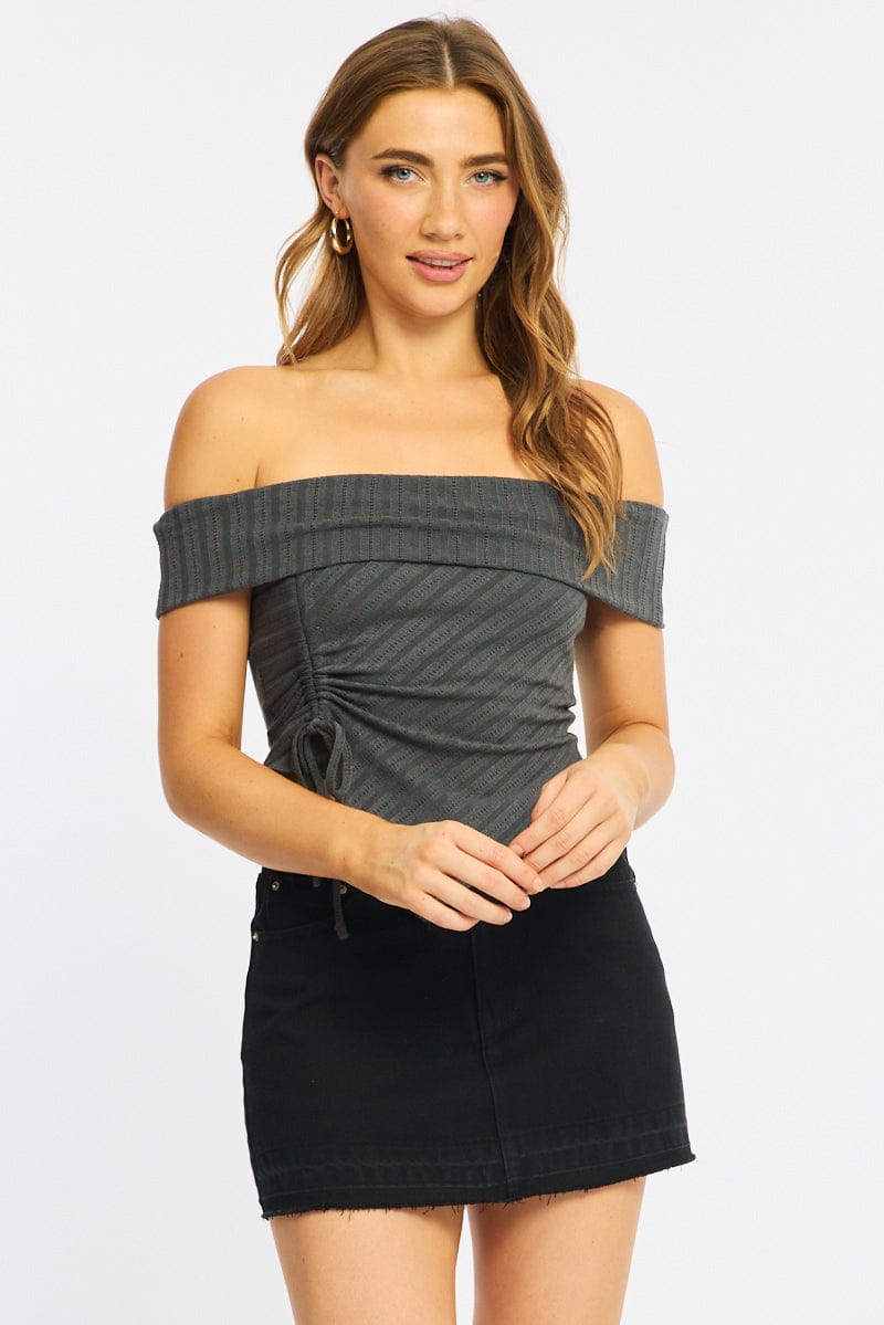 Grey Off Shoulder Knit Ruched Hem for Ally Fashion