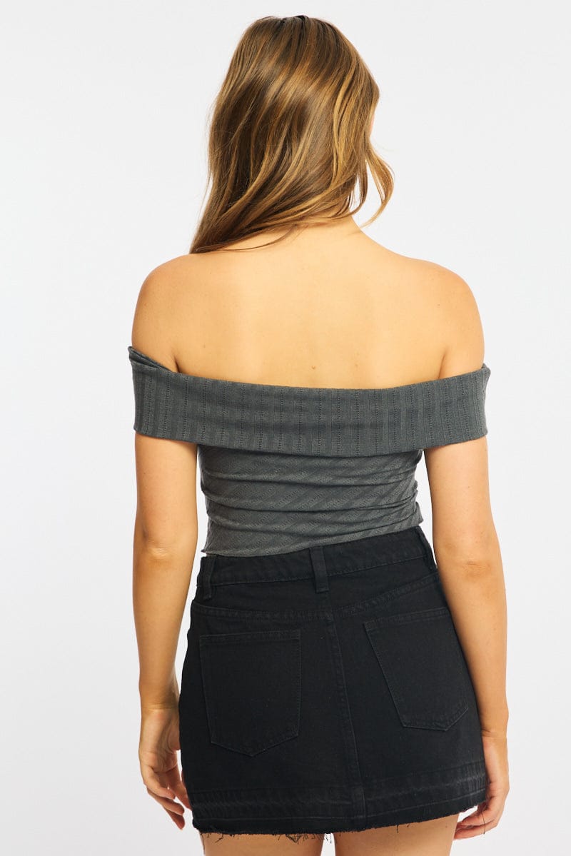 Grey Off Shoulder Knit Ruched Hem for Ally Fashion