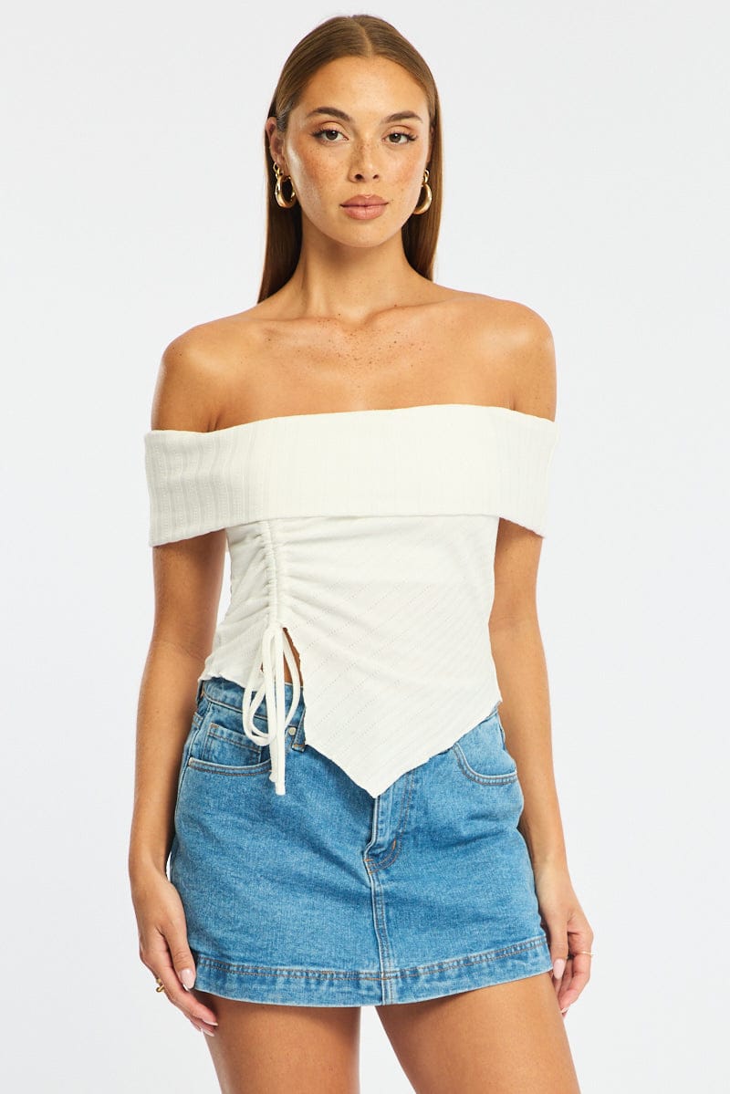 White Off Shoulder Knit Ruched Hem for Ally Fashion